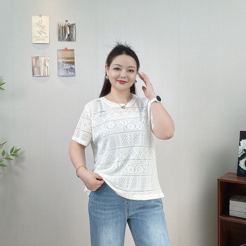 白色镂空蕾丝衫短袖上衣女夏大码