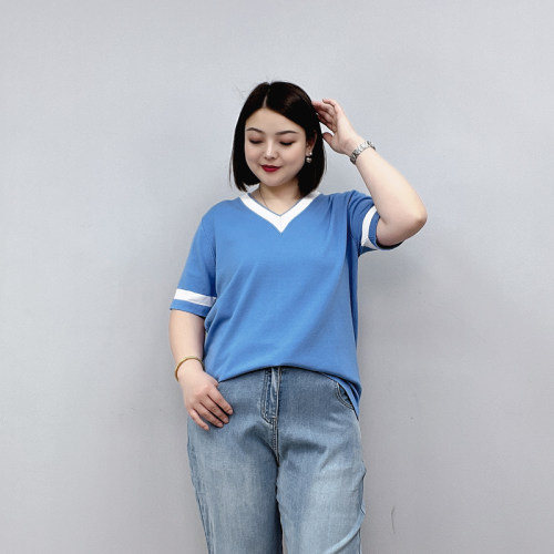 大码T恤夏秋薄款冰丝针织衫上衣