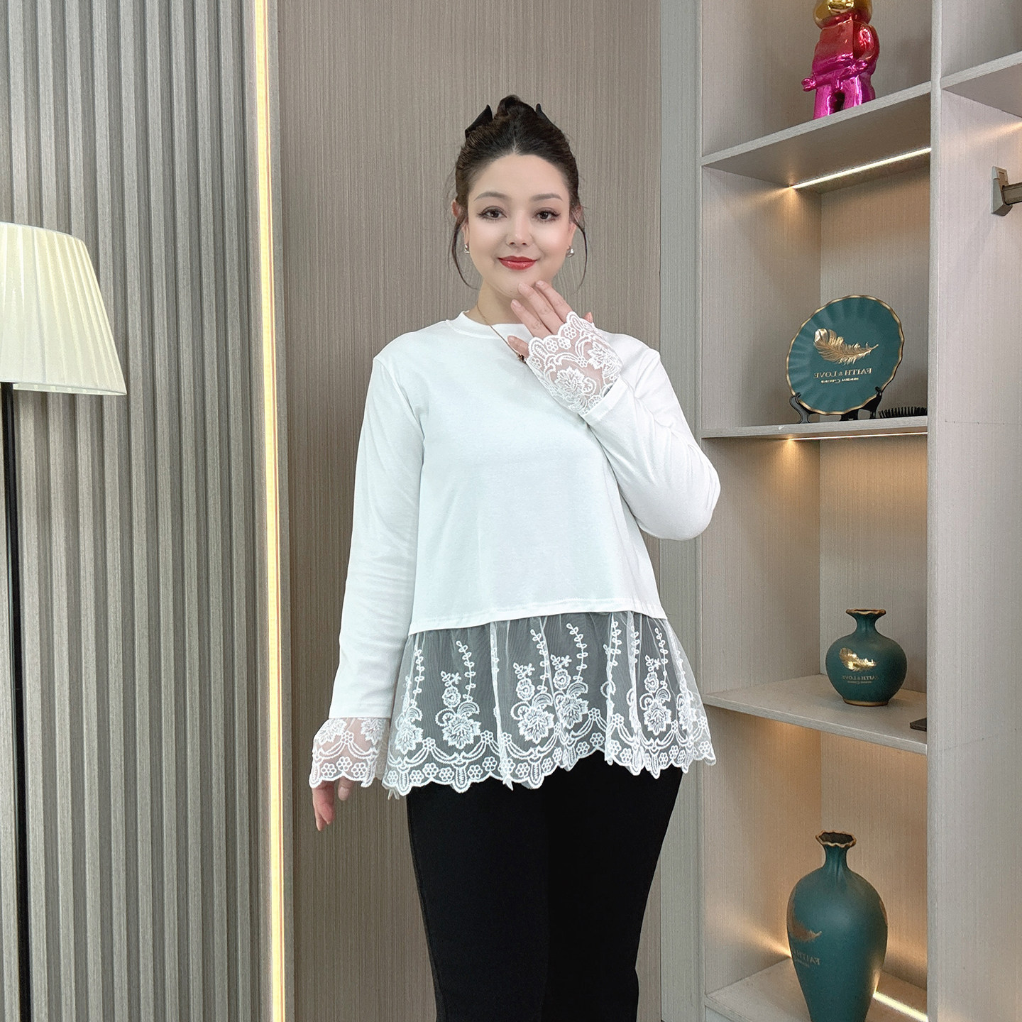 纯棉蕾丝长袖t恤打底衫女2026新款春秋季大码洋气高级感内搭上衣,女装/女士精品,大码内搭,淘宝优惠券,粉丝福利购,淘宝优惠卷