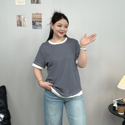 大码条纹短袖T恤女休闲凉感上衣