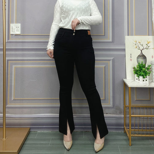 黑色开叉裤女大码春秋微喇叭裤子