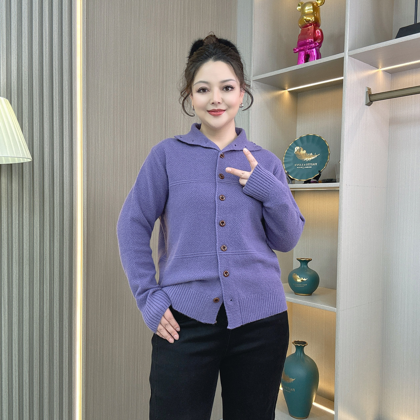 加厚高领单排扣翻领针织开衫毛衣