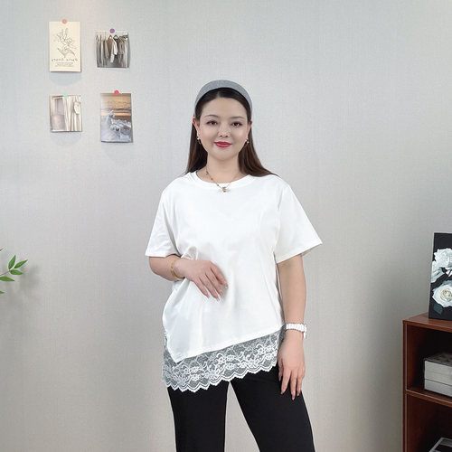 蕾丝拼接假两件短袖T恤大码上衣