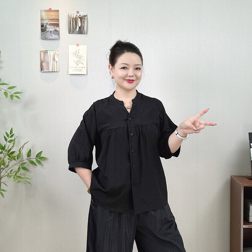 黑色立领衬衫女大码中袖休闲上衣
