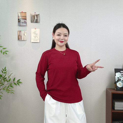 大码纯色长袖T恤女秋季圆领上衣