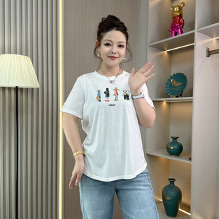 卡通印花短袖 大码 新款 夏季 T恤女宽松显瘦胖妹妹休闲白色上衣 女装