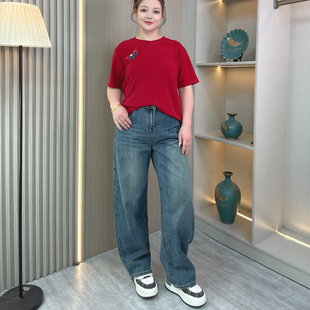 女胖mm宽松显瘦休闲直筒裤 大码 弯刀阔腿牛仔裤 2026春秋新款 子 女装