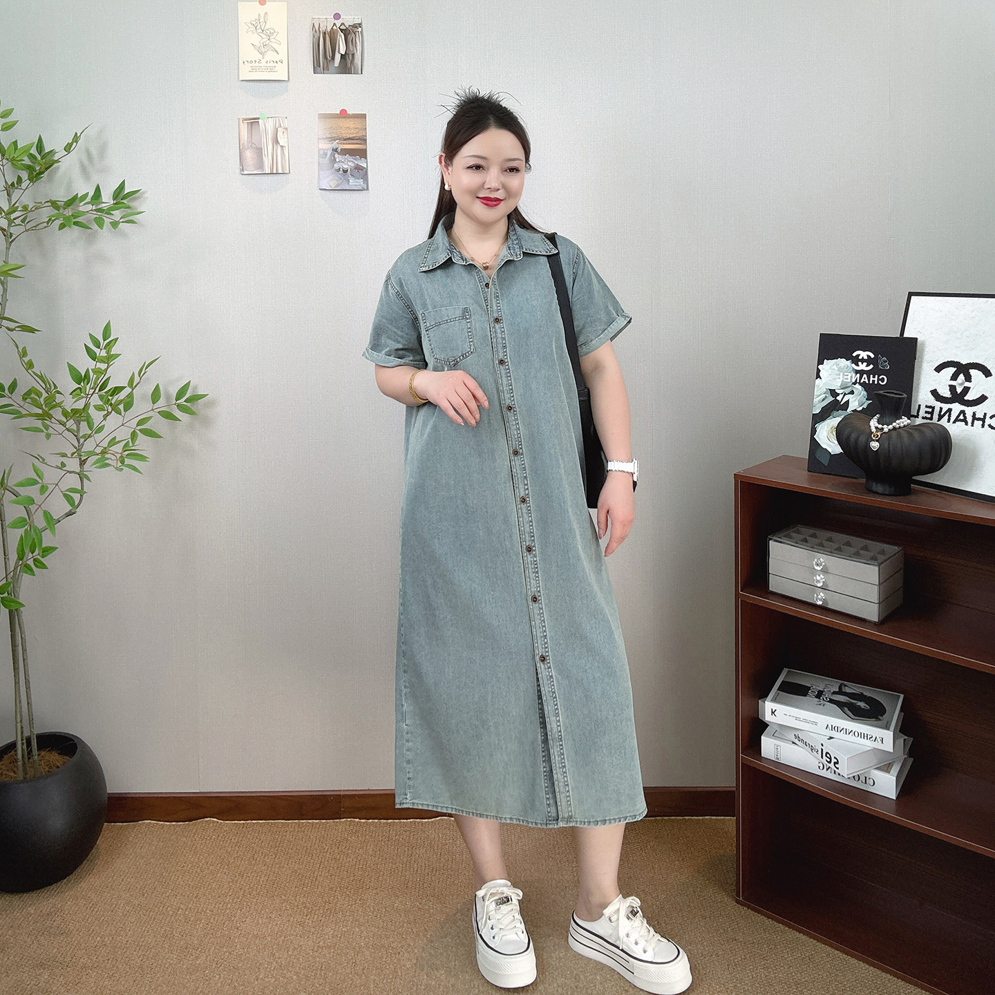 薄款翻领短袖牛仔衬衫连衣裙女大码夏季宽松显瘦设计感休闲长裙子