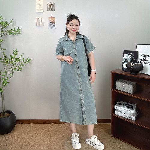 夏季薄款大码显瘦牛仔衬衫连衣裙