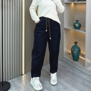 胖mm宽松显瘦萝卜老爹裤 松紧腰哈伦牛仔裤 女秋冬加绒加厚保暖大码