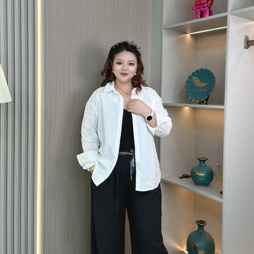 大码胖mm镂空刺绣纯棉白色衬衫