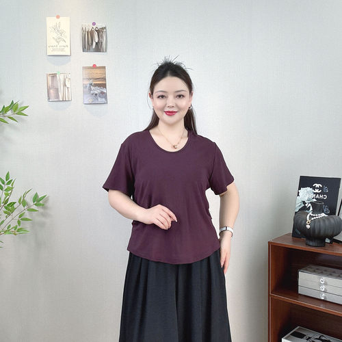 大码夏季短袖T恤女褶皱显瘦上衣