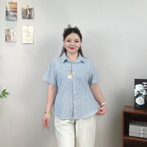 大码女装猫咪刺绣短袖衬衫女上衣