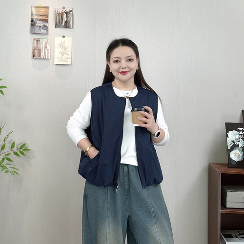 大码圆领拉链马甲外套女休闲马夹