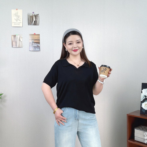 大码POLO领短袖针织衫女上衣T恤