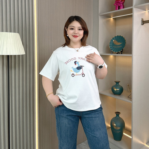 大码女夏装正肩圆领纯棉短袖T恤