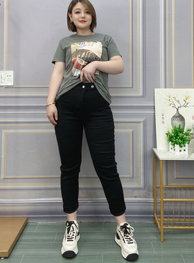 黑色牛仔裤女高腰显瘦直筒烟管裤2025春秋新款大码胖MM老爹萝卜裤