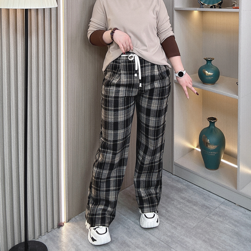 2025秋冬大码加绒格子裤女休闲裤