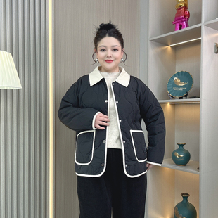 翻领刺绣宽松显瘦拼接薄棉衣 胖mm小香风棉服外套秋冬新款 大码 女装