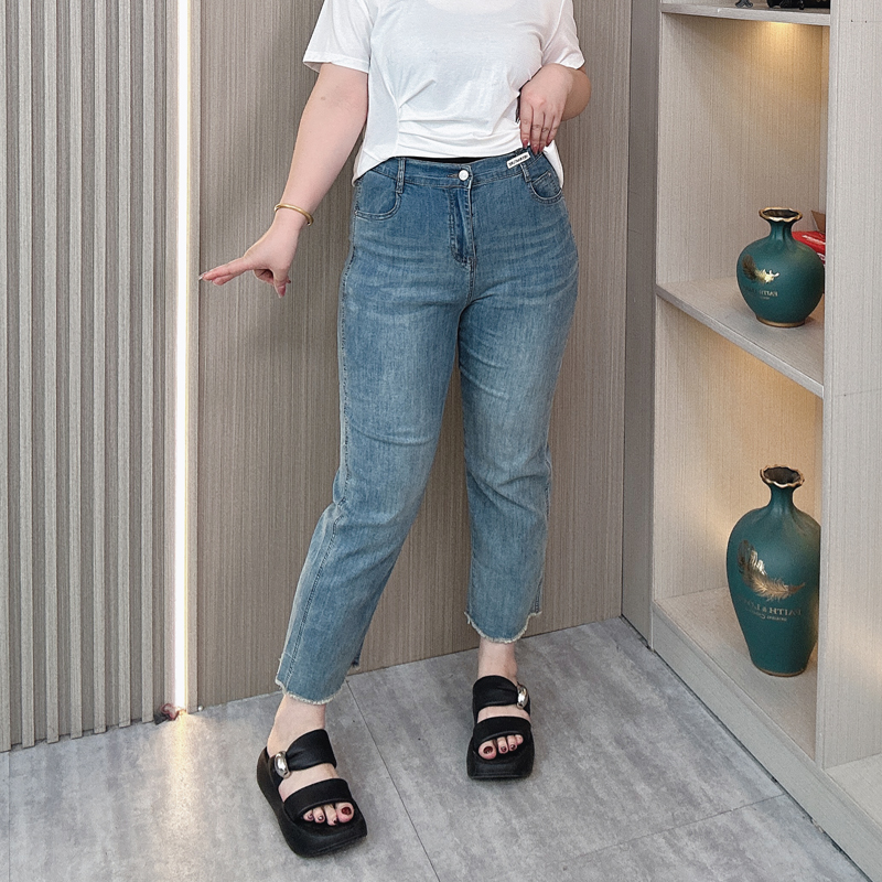 2024夏大码毛边九分牛仔裤女显瘦