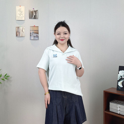 海军领刺绣短袖T恤女夏大码上衣