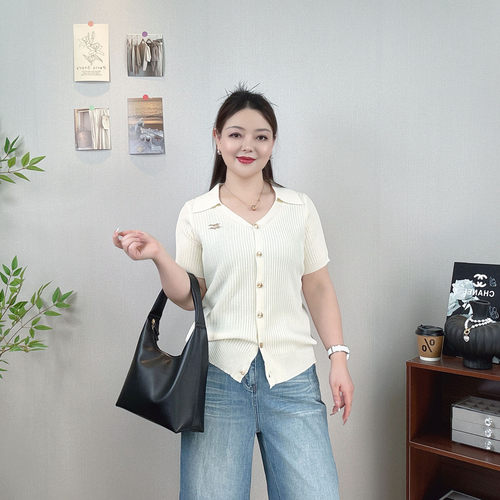 翻领短袖针织开衫女大码气质上衣