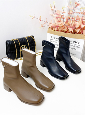 希希家撤柜清仓女时尚洋气粗跟圆头方跟靴子通勤百搭简约23107