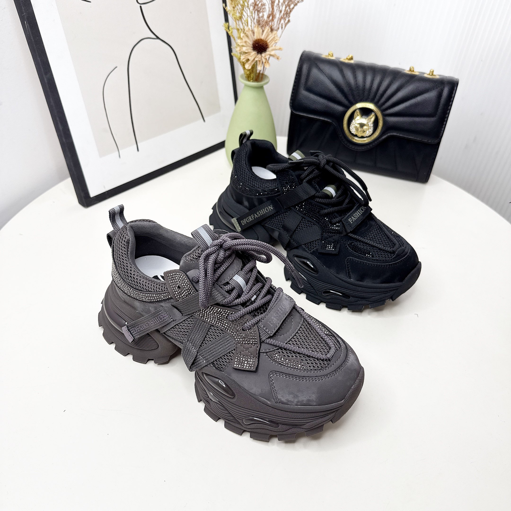 真皮厚底老爹鞋黑色系带运动休闲鞋百搭小个子增高户外鞋60068