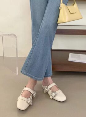 新款银色水钻方头玛丽珍包头半拖鞋女气质防滑A267-2