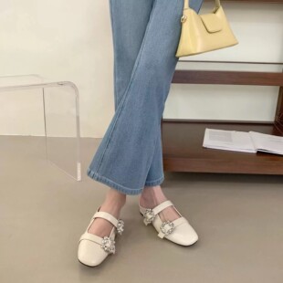 新款银色水钻方头玛丽珍包头半拖鞋女气质防滑A267-2