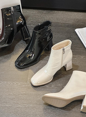 34码撤柜断码方圆头加绒保暖时尚女靴名媛冬季亮漆皮粗跟70656