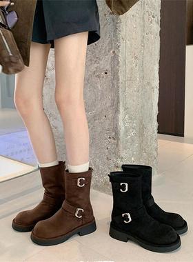 新款复古秋冬加绒棕色英伦马丁靴增高骑士靴西部牛仔靴24M6299