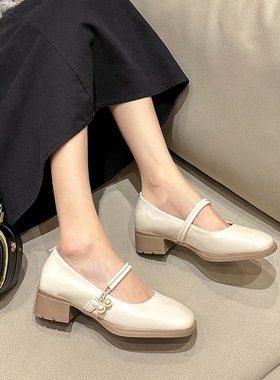 希希家羊皮粗跟纯色淑女百搭新款一字带舒适洋气名媛女鞋B705015