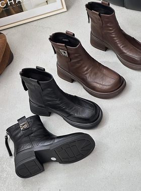 瘦瘦靴撤柜舒适时尚洋气粗跟圆头方跟通勤百搭厚底靴子女3991-1A