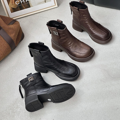 瘦瘦靴撤柜舒适时尚洋气粗跟圆头方跟通勤百搭厚底靴子女3991-1A