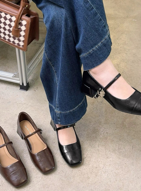 商场撤柜女鞋法式复古玛丽珍鞋方头粗跟单鞋158052