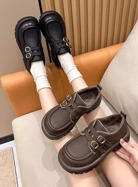 真皮牛皮加绒乐福鞋粗跟套脚百搭舒适女款小皮鞋英伦风冬款B1677