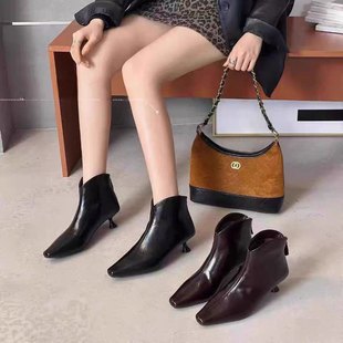 1331A 靴J81 气质百搭女短靴尖头细跟皮质女靴子秋冬新款 时装