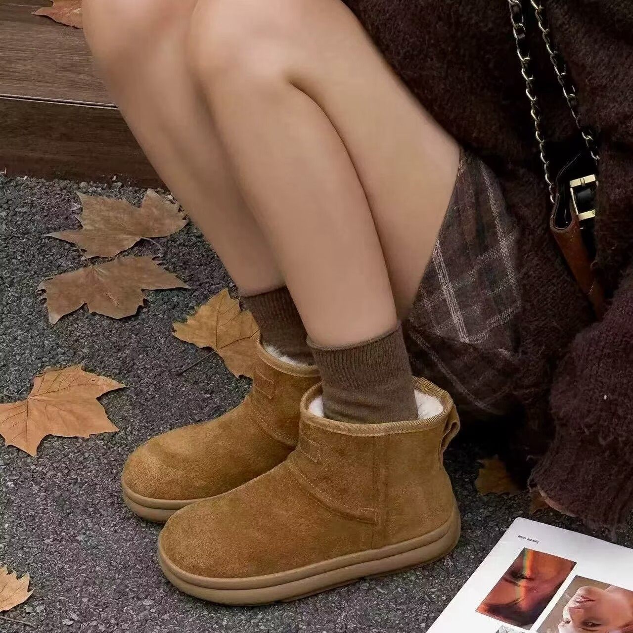 真皮！韩版厚底雪地靴女冬季加绒保暖短靴圆头浅棕色棉靴407025,女鞋,时尚雪地靴,淘宝优惠券,粉丝福利购,淘宝优惠卷