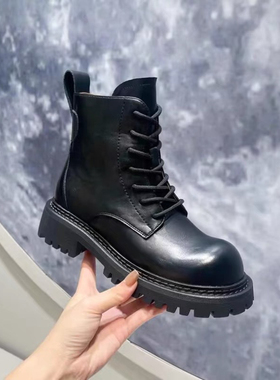 真皮牛皮安哥拉红英伦风厚底女冬新款百搭系带帅气机车靴加绒9963