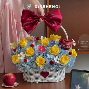芯苼物语 浪漫鲜花束创意插花篮高颜值花店花艺资材 纯白藤编花篮