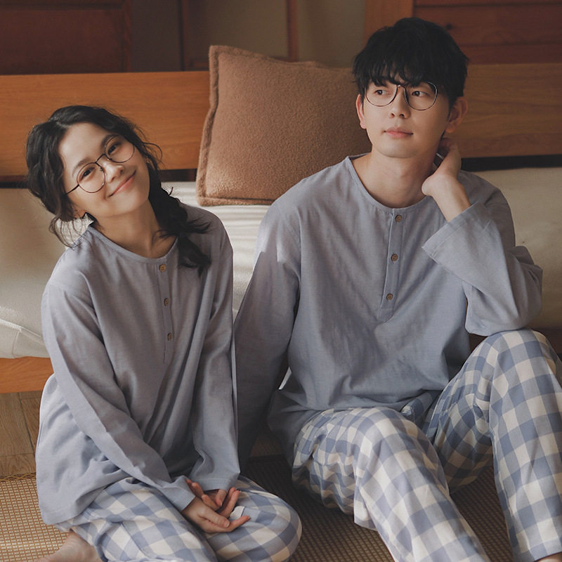 返璞-日系无印双层纱睡衣春秋款全棉套装情侣款家居服男女款