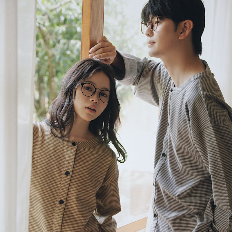豁达77-无印睡衣女全棉秋冬季长袖套装格子情侣家居服套装男大码