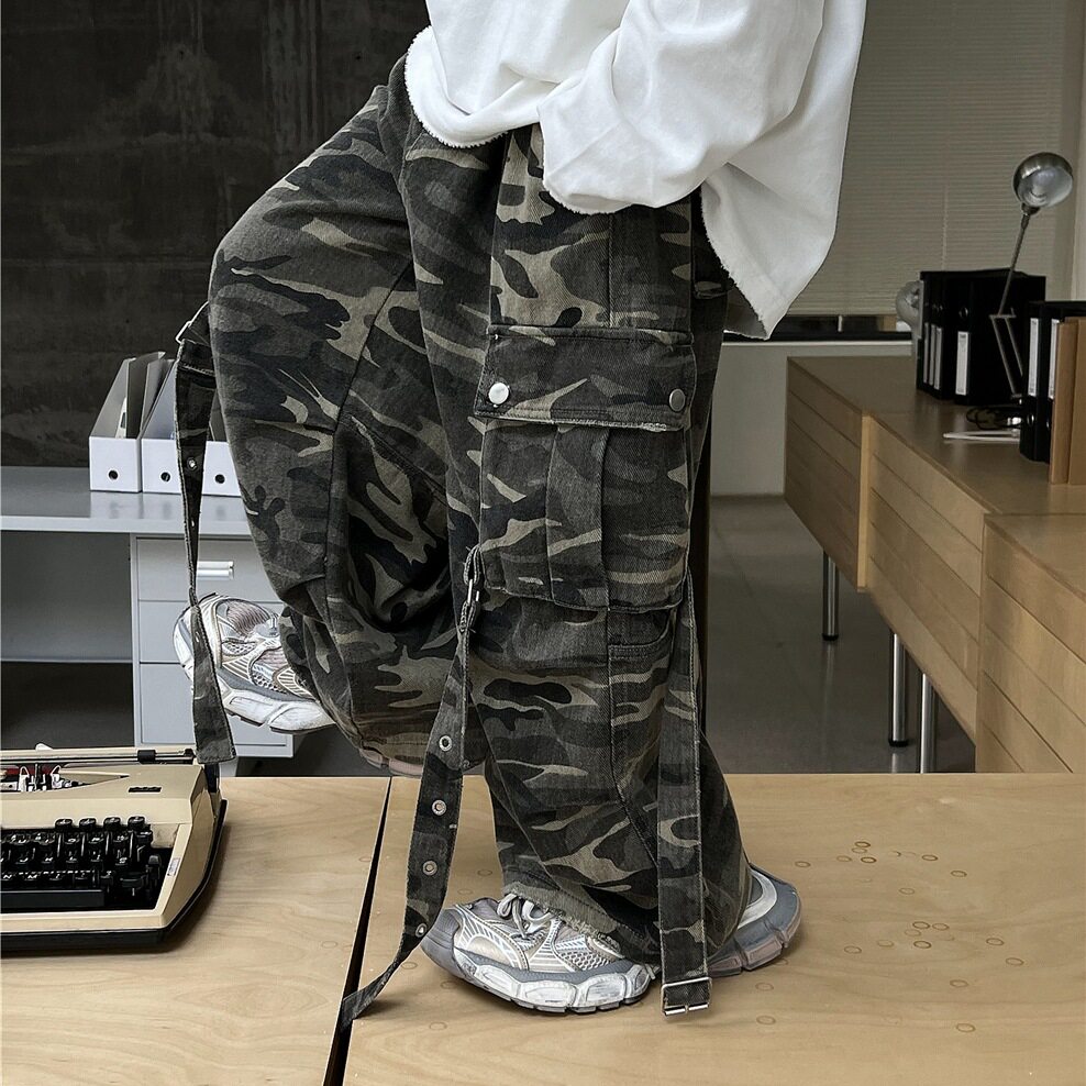 秋季新款童裤 迷彩做旧磨破纯棉水洗工装飘带男童洋气长裤潮