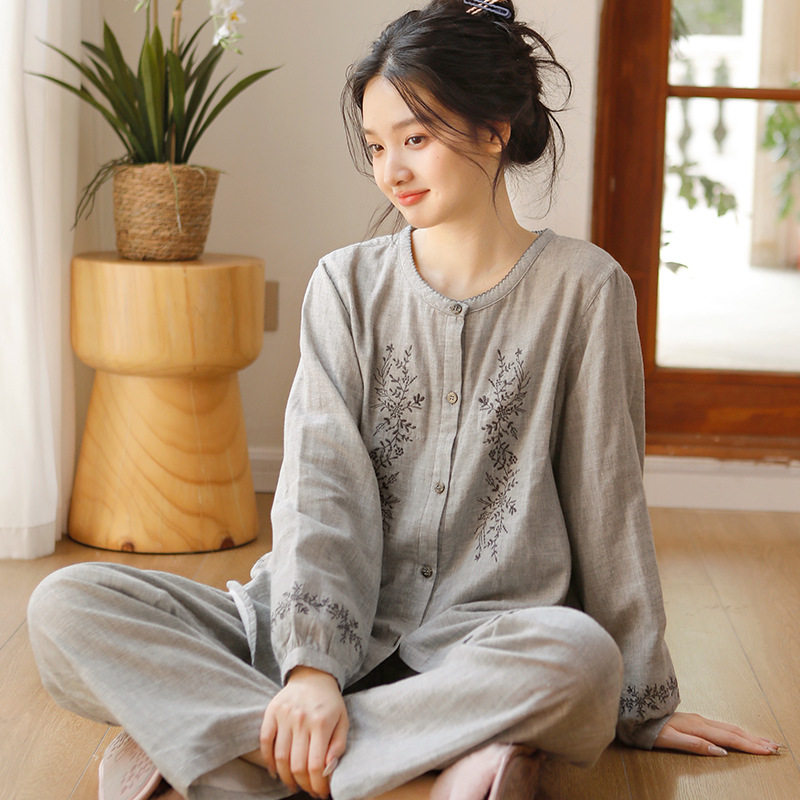 26秋冬新品女士长款睡衣套装色织亚麻刺绣圆领泡泡袖家居服79