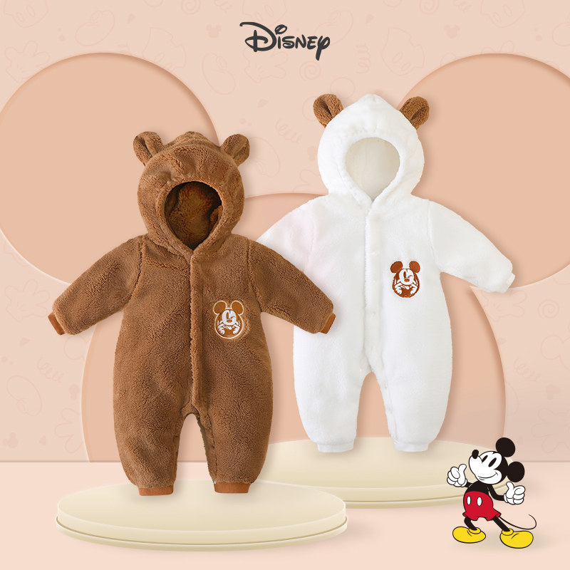 迪士尼童装婴儿连体衣儿童秋冬装外出哈衣爬服加珊瑚绒宝宝