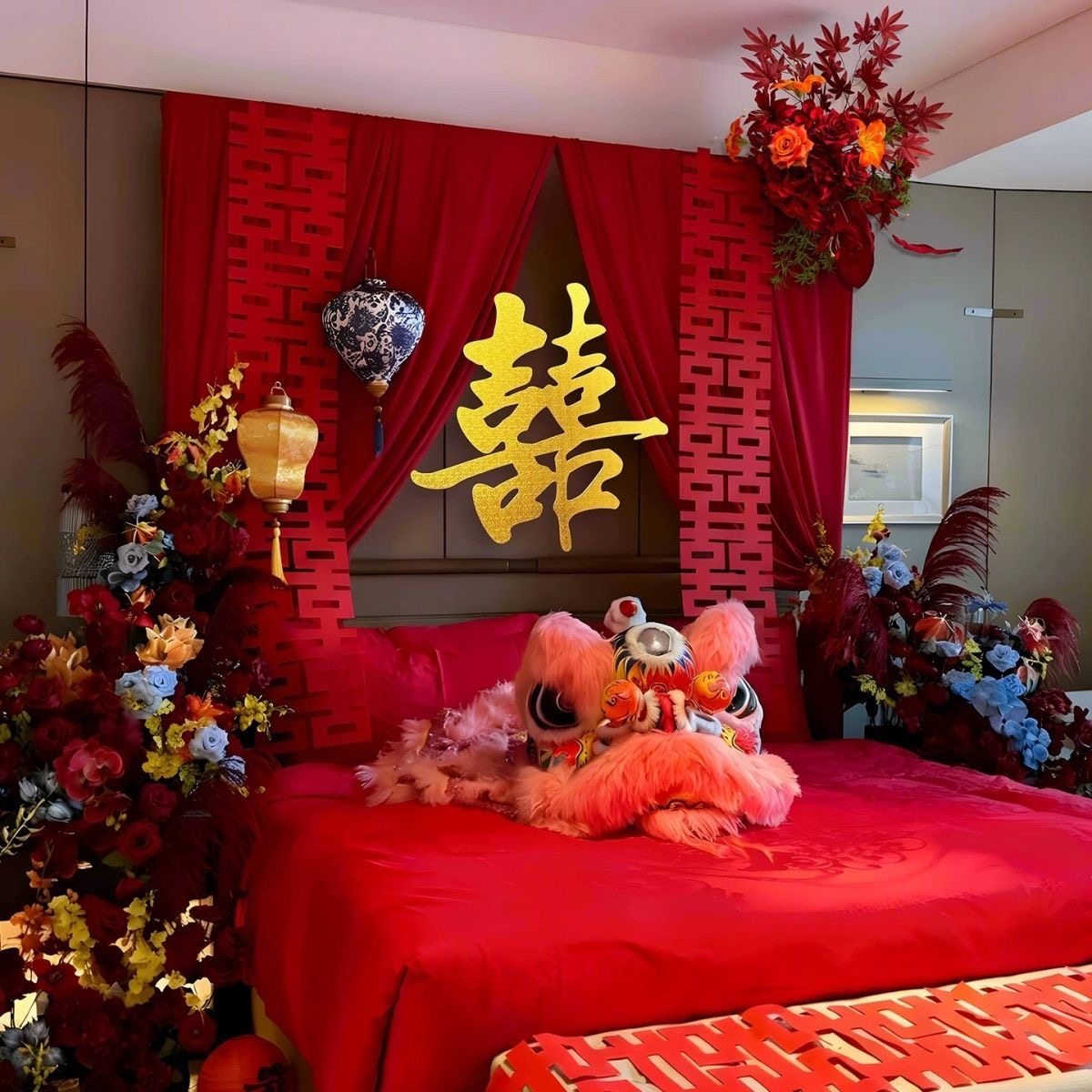 婚房装饰女方卧室床头红色布幔酒店出嫁结婚布置喜字套装婚礼拉花