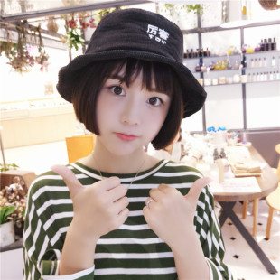 休闲素颜字母刺绣盆帽男帽子女秋冬天灯芯绒渔夫帽简约原宿风款帽