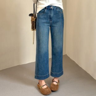 子 梨形身材胖mm宽松显瘦复古百搭九分阔腿裤 高腰直筒牛仔裤 女大码