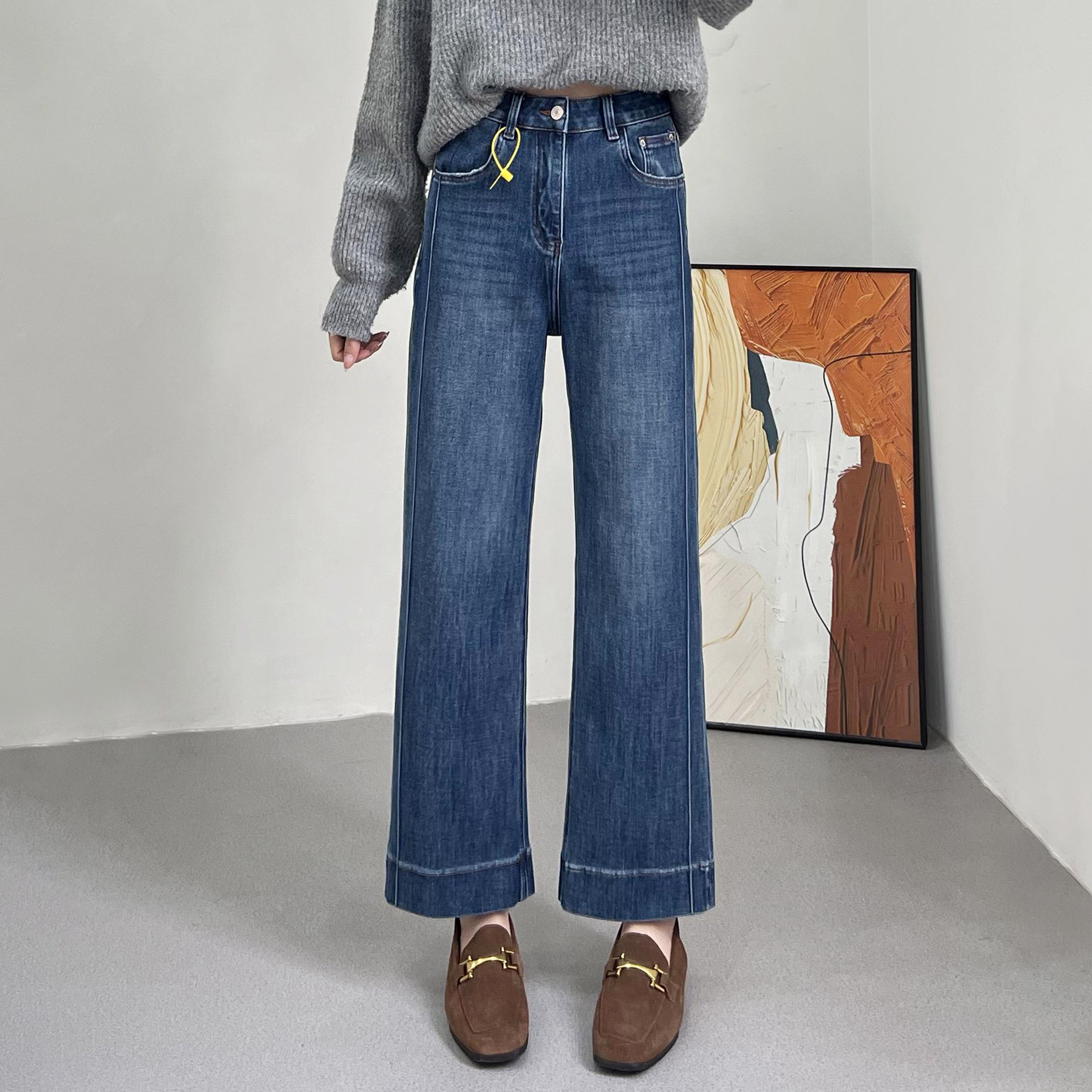 复古直筒牛仔裤女2025春季新款大码胖mm宽松显瘦小个子九分阔腿裤